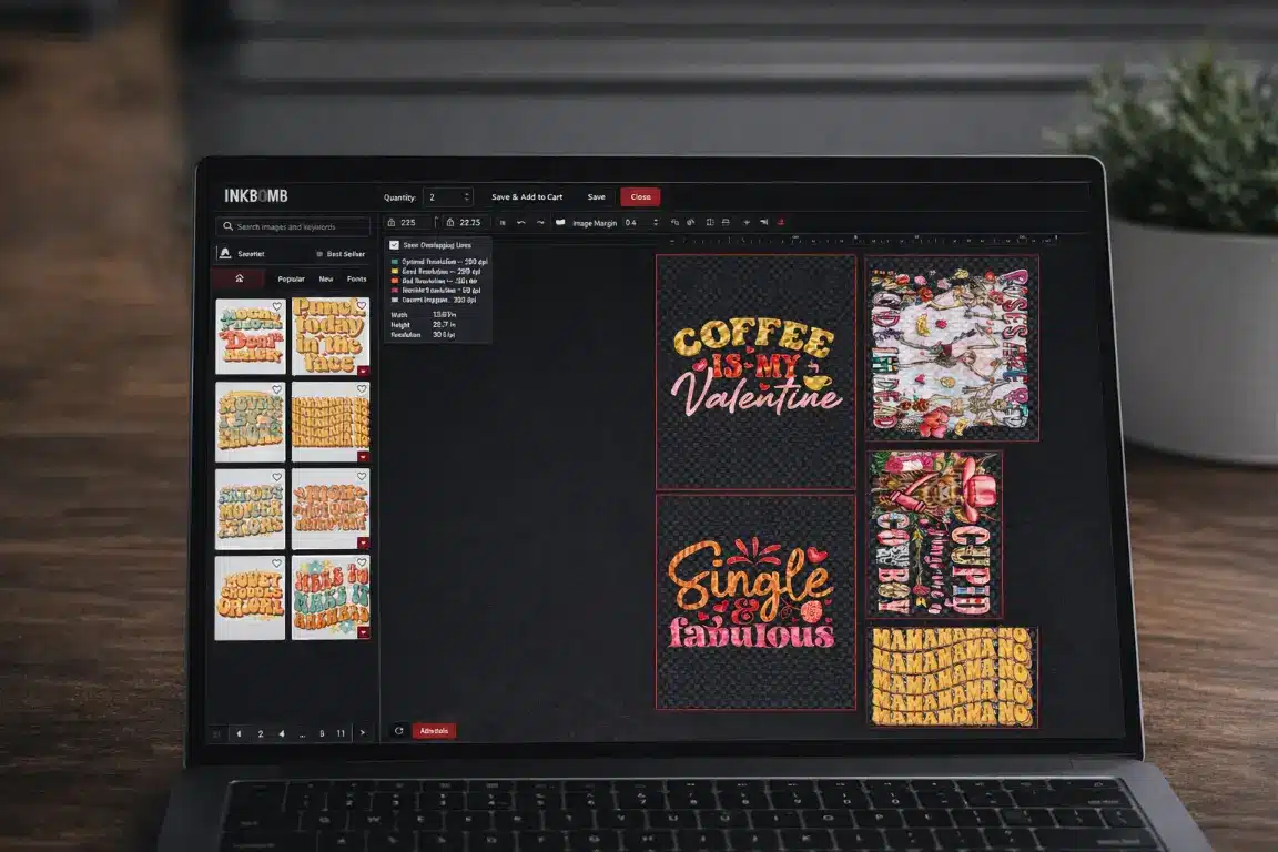Custom DTF Gang Sheets DTF gang sheet builder interface showing multiple custom designs arranged on a sheet using an online tool for custom DTF transfers