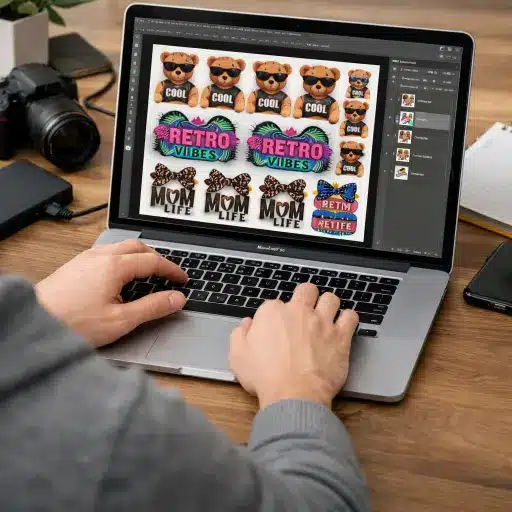 User preparing print-ready DTF gang sheet files on laptop before uploading to online gang sheet builder
