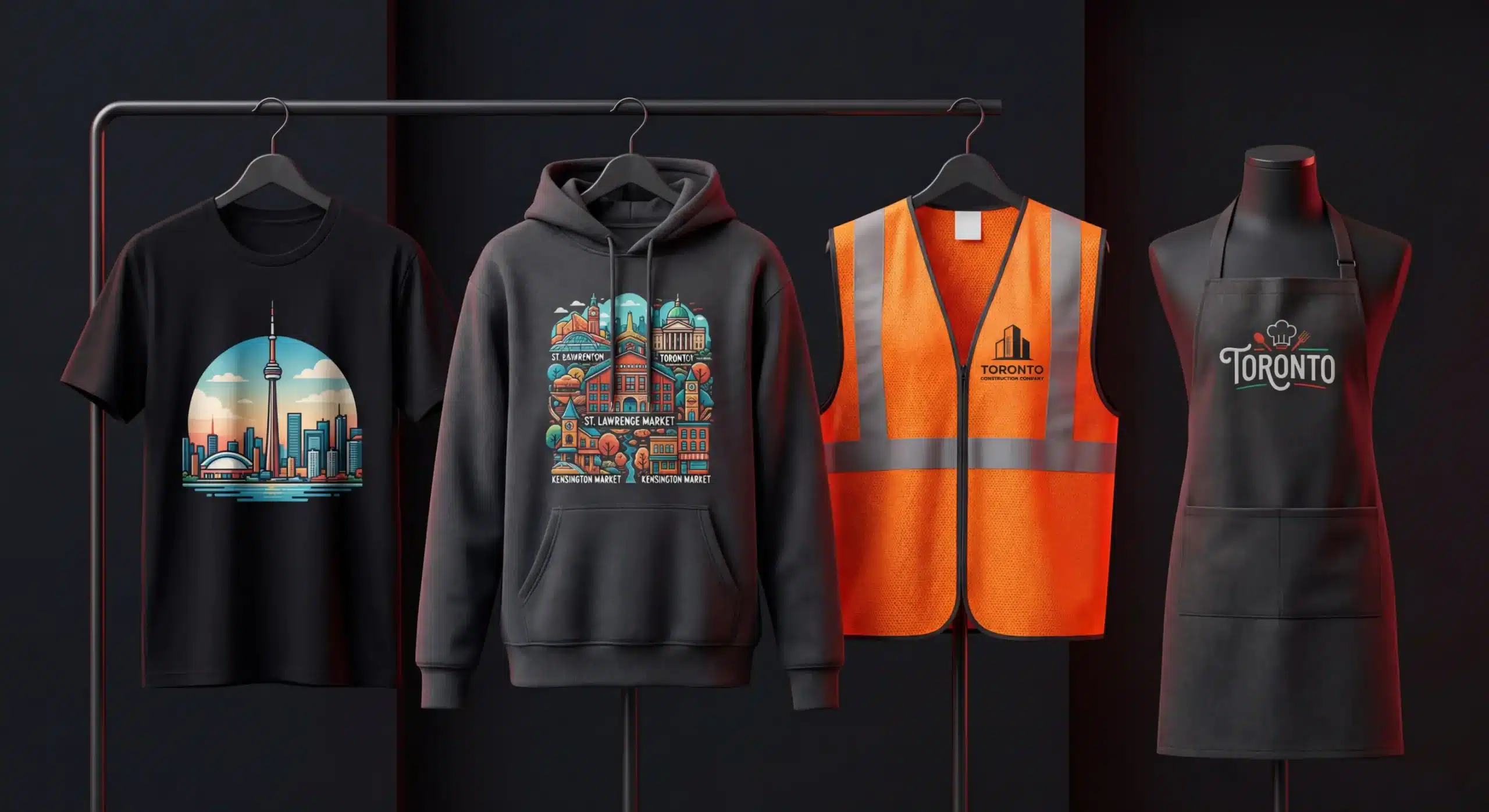 A premium showroom display featuring a black DTF printed Toronto skyline t-shirt, a custom full-color hoodie, a branded safety vest, and an embroidered restaurant apron on a dark studio background.