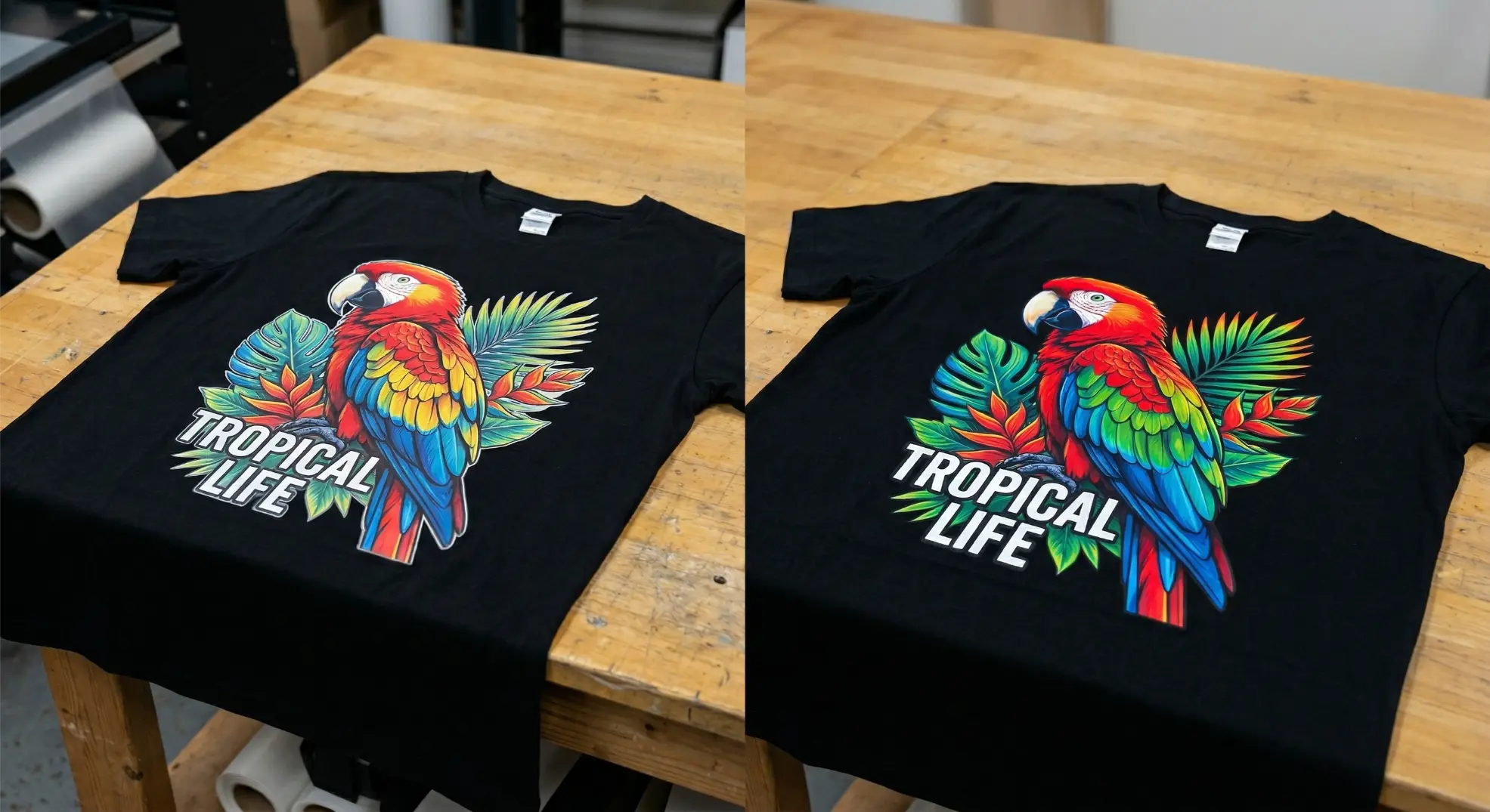Custom DTF Gang Sheets Side-by-side comparison of a tropical parrot design printed with a standard CMYK+W DTF printer versus a high-vibrancy CMYK+R+G+B+W printer on a black t-shirt.
