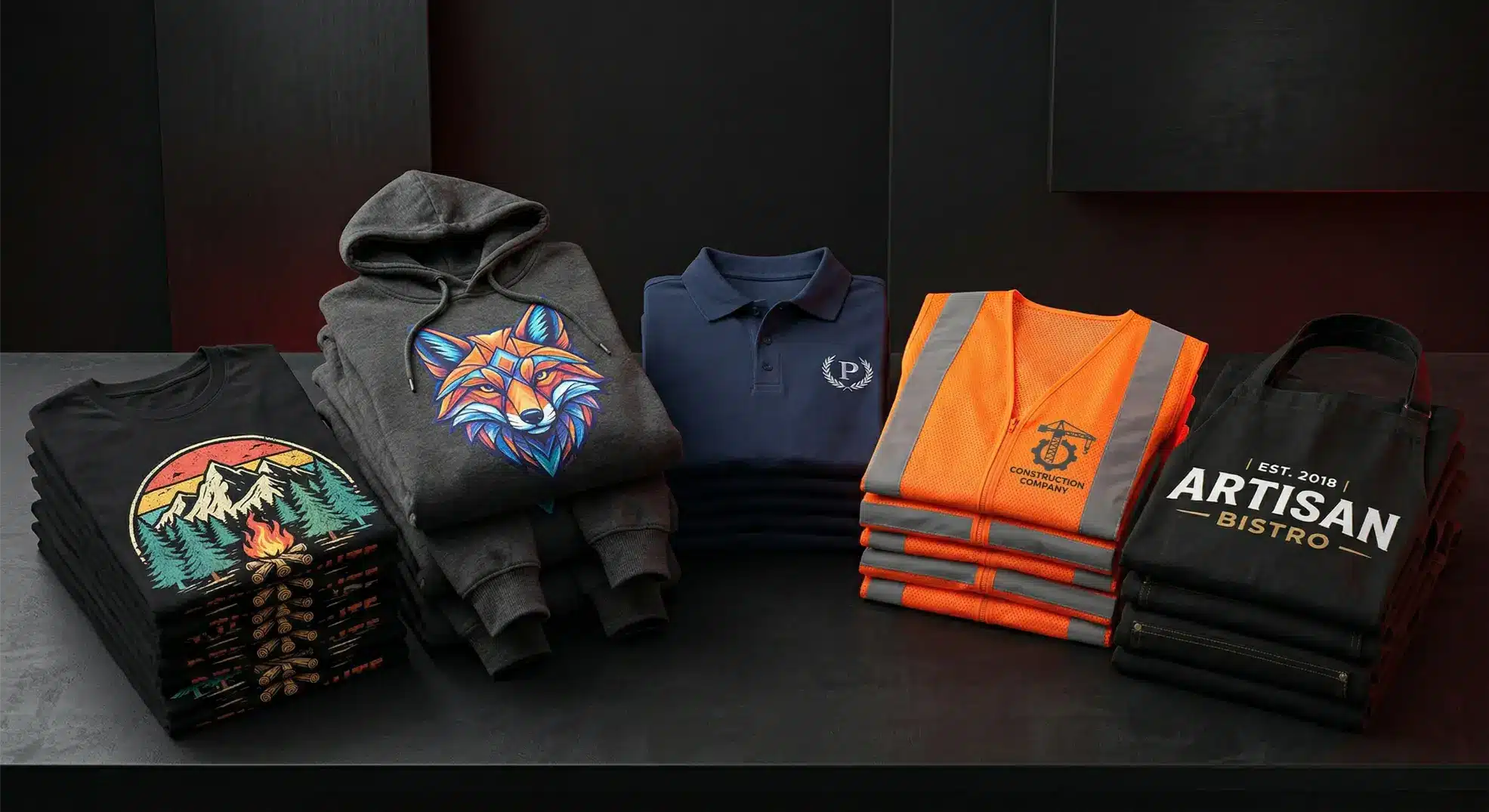Custom DTF Transfers Canada Professional display of stacked custom apparel on a dark background featuring high-quality DTF printed t-shirts and hoodies, embroidered polo shirts, printed safety vests, and restaurant aprons.